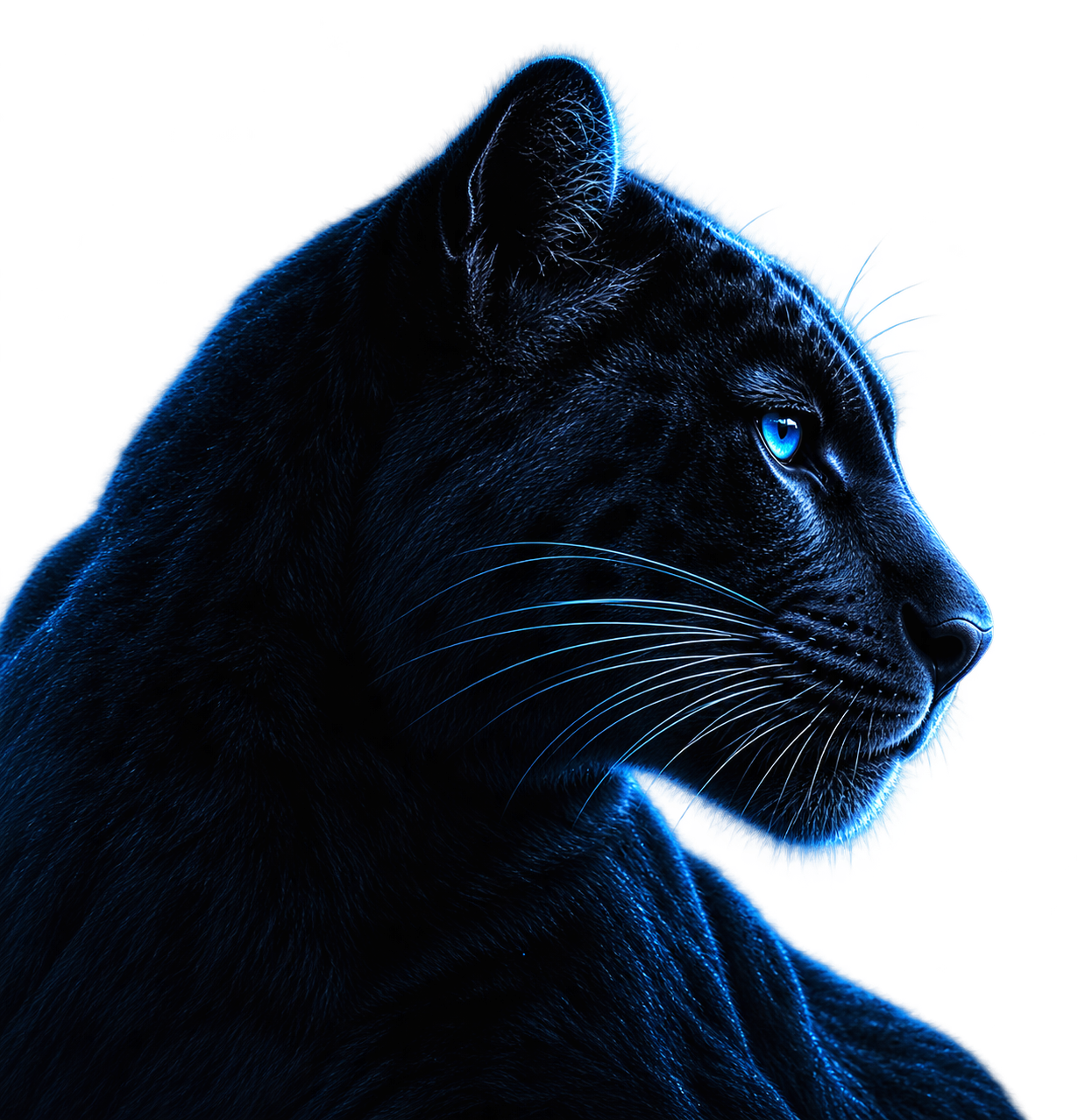 A black panther with an electric-blue eye and blue-lit fur